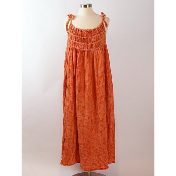 Free People Azure Maxi Dress Orange Gauze Shirred - Size M - Picture 1 of 7